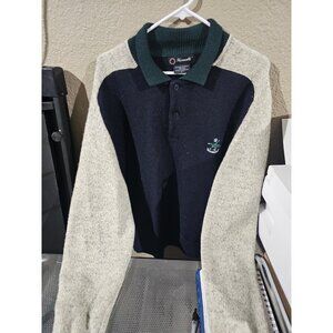 Faconnable sweater colorblock 100% Wool Polo Men's Large Vintage Blue Gray Green